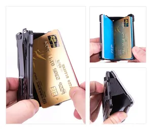 Tactical minimalist wallet with black metal frame and elastic band for multi-card storage