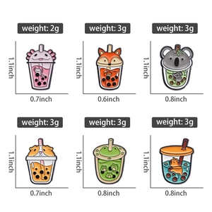 Set of 6 cute cartoon animal bubble tea enamel pins in alloy with detailed dimensions