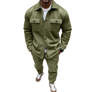 Detailed close-up of men's olive green suede tracksuit featuring jacket and matching pants