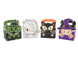 Set of four Halloween treat boxes featuring monster, mummy, cat, and witch cartoon designs