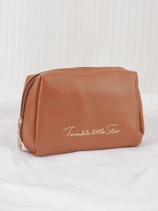 Close-up of brown PU leather mini makeup bag with golden Twinkle little Star lettering