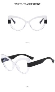 Detail view of TR90 cat-eye glasses frame featuring transparent white front and black temples
