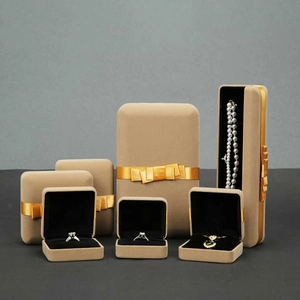 Velvet Jewelry Box With Metal Frame For Ring Necklace Pendant Elegant Storage Case Golden Bowknot Soft Lining Brown