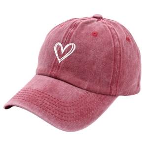 Vintage washed burgundy baseball cap with embroidered white heart and adjustable strap