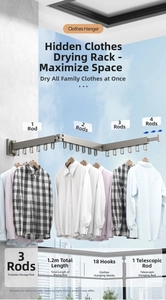 Three-section wall-mounted folding clothes rack 1.2m with 18 drying holes and 4-rod telescopic bar
