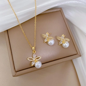 Titanium steel flower pearl necklace and earrings jewelry set with crystals for parties