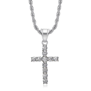 Polished stainless steel hip hop cross necklace with 3A zircon stones on white background