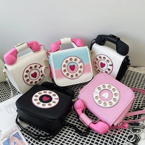 Creative Retro Telephone Shaped Crossbody Bag For Women PU Leather Quirky Handset Handle Rotary Dial Heart Shoulder Bag