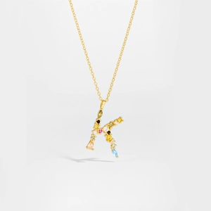 Detail of S925 silver letter K pendant necklace with colorful cubic zirconia stones