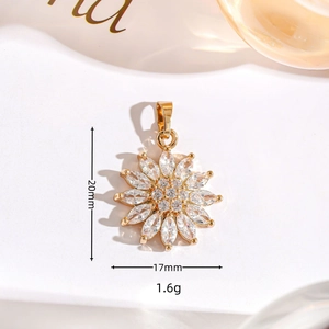 Gold-plated daisy flower pendant with white cubic zirconia and size measurements