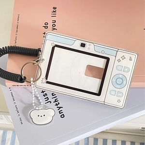 Camera shaped acrylic photo card holder with spring lanyard and cute bear charm
