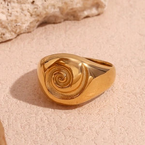 Macro shot of 18K gold plated stainless steel ring with polished spiral swirl texture