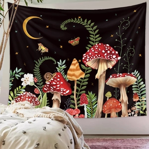 Black mushroom forest tapestry with moon and stars for bedroom wall decoration