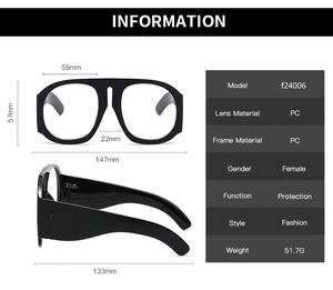 Detailed size specifications for oversized retro PC frame glasses with dimensions