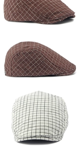 Detailed views of cotton plaid ivy caps in brown and beige colors with vintage texture