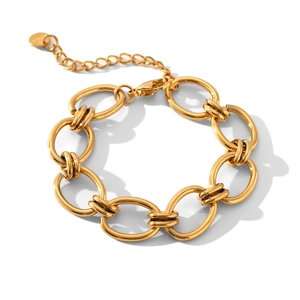 Polished gold stainless steel O-chain bracelet with oval links and adjustable clasp