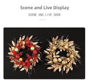 Detailed view of festive Christmas wreaths with golden leaves and red decorative balls