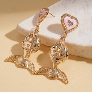 Gold heart and fish drop earrings with pink enamel and sparkling rhinestones