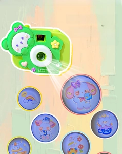 Detail view of green bear camera keychain showing rotating light projection functions