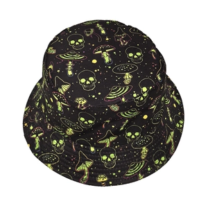 Reversible bucket hat with neon skull and mushroom print on black canvas for sun protection