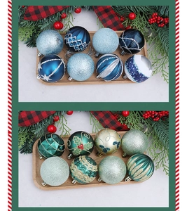 Detail of assorted blue and green Christmas ornaments with glitter and matte finishes