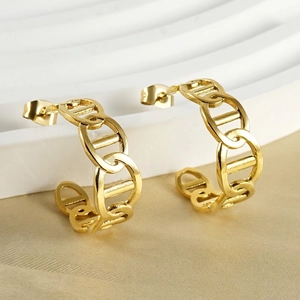 Mariner Link Chain C-Shaped Hoop Earrings 18K Gold Plated Stainless Steel Retro Niche Luxury Jewelry For Women