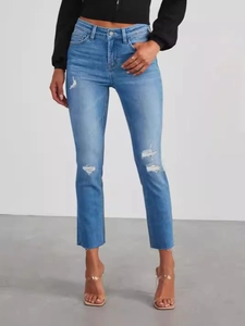 Jean skinny taille haute pour femme bleu clair avec détails déchirés et délavés