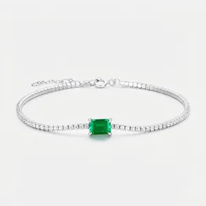 925 Sterling Silver Lab-Grown Emerald Bracelet Simple Vintage Emerald Cut Gemstone Tennis Bracelet Rhinestone Inlaid Hand Jewelry For Women