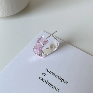 Elegant S925 sterling silver C-shaped hoop earrings with three pink rectangular gemstones