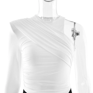 Detail of white one-shoulder long sleeve top with elegant pleated texture and ruching