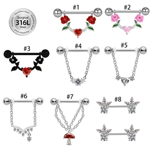 Selection of 8 unique 316L stainless steel nipple rings with rose and heart designs