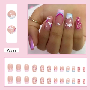 Long square press-on nails set with French tips, rainbow, cloud, and heart designs