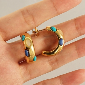 Golden C-shaped stainless steel earrings inlaid with turquoise and multicolor gemstones
