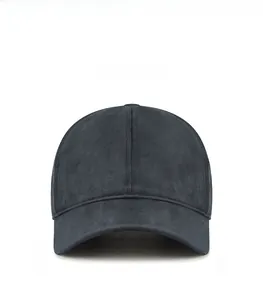 Front view of a dark grey velvet baseball cap showing soft texture and classic structure