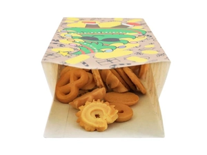 Detail of Christmas cartoon paper bags showing food storage capacity and festive prints