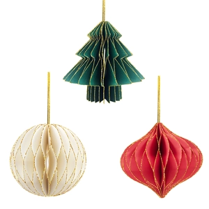 Three-piece honeycomb paper Christmas ornaments with green tree and gold glitter edges