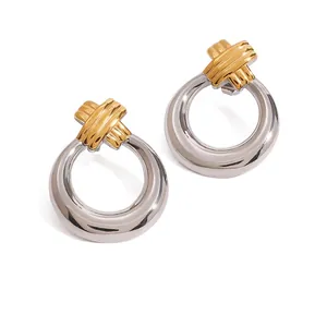 18K Gold Plated Stainless Steel Two-Tone Ribbed Crossed Earrings Modern Geometric Ribbed Earrings For Women Jewelry Gift