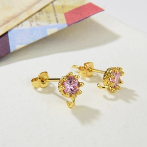 Gold-plated crown stud earrings with pink zircon and small ring for DIY charms