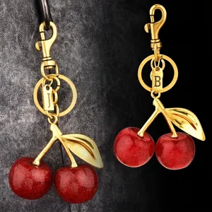 Cherry Keychain Initial Alphabet Letter Bag Charm Glitter Resin Gold Alloy Leaf Fruit Pendant Gift Women