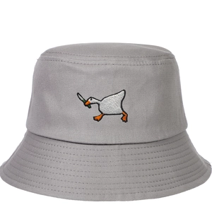Close-up of a grey cotton bucket hat featuring a goose with a knife embroidery detail
