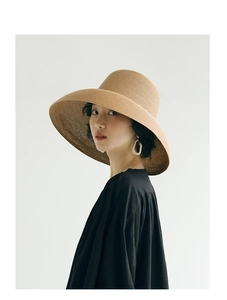 Macro detail of high-quality woven straw texture on a large wide-brim sun hat