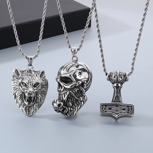 Wolf Head Skull Thor Hammer Mjolnir Pendant Necklace Stainless Steel Punk Viking Gothic Retro Jewelry For Men
