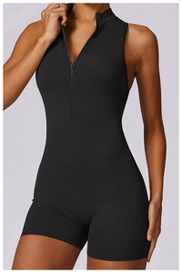 Close-up of black high-elastic yoga bodysuit featuring a stand collar and half-zipper design