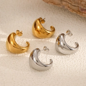 C Shaped Stud Earrings Stainless Steel Polished Mirror Finish Geometric Waterdrop Minimalist Tarnish Resistant For Women