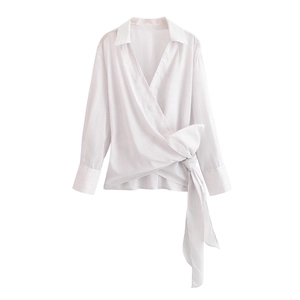 Women Striped Wrap Blouse Polyester Long Sleeve V Neck Waist Tie Shirt Office Casual Fashion Chic White