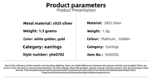 Detailed specifications for S925 silver rose earrings in platinum and gold finishes