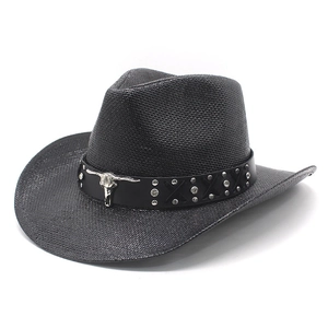 Black western straw cowboy hat with metallic bull skull and studded leather band