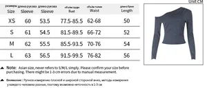 Size chart for the striped off-shoulder long sleeve top with detailed measurements in CM