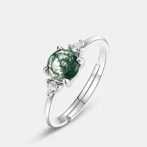 925 Sterling Silver Natural Green Moss Agate Open Ring For Women Vintage Geometric Aquatic Agate Rhinestone Inlaid Adjustable Finger Ring Jewelry