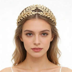 Baroque golden laurel leaf crown headpiece with detailed metallic foliage for women